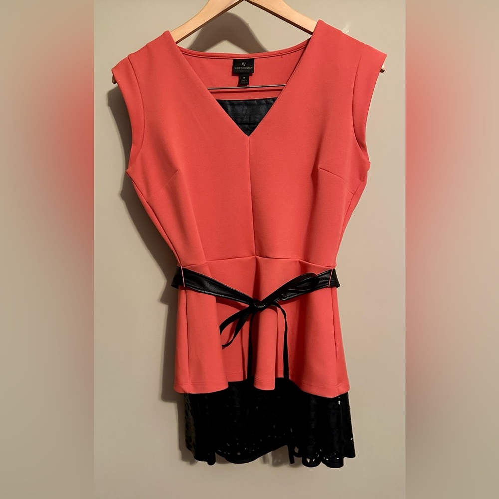 Worthington orange sleeveless with black faux lace/leather mid-length skirt
